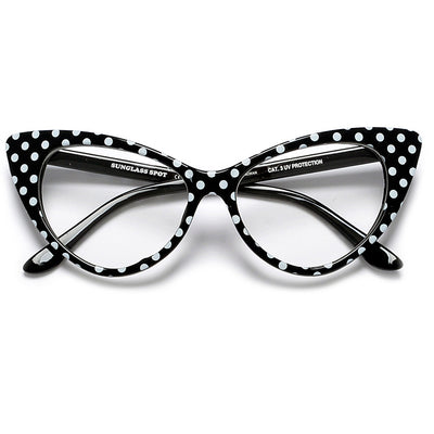 50s Inspired Polka Dot Cat Eye Clear Lens Eye Wear Glasses - Sunglass Spot