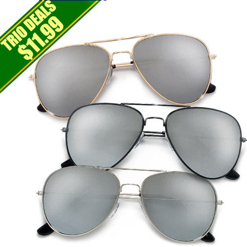 3 Pack Classic Metal Aviator with Reflective Mirrored Lens
