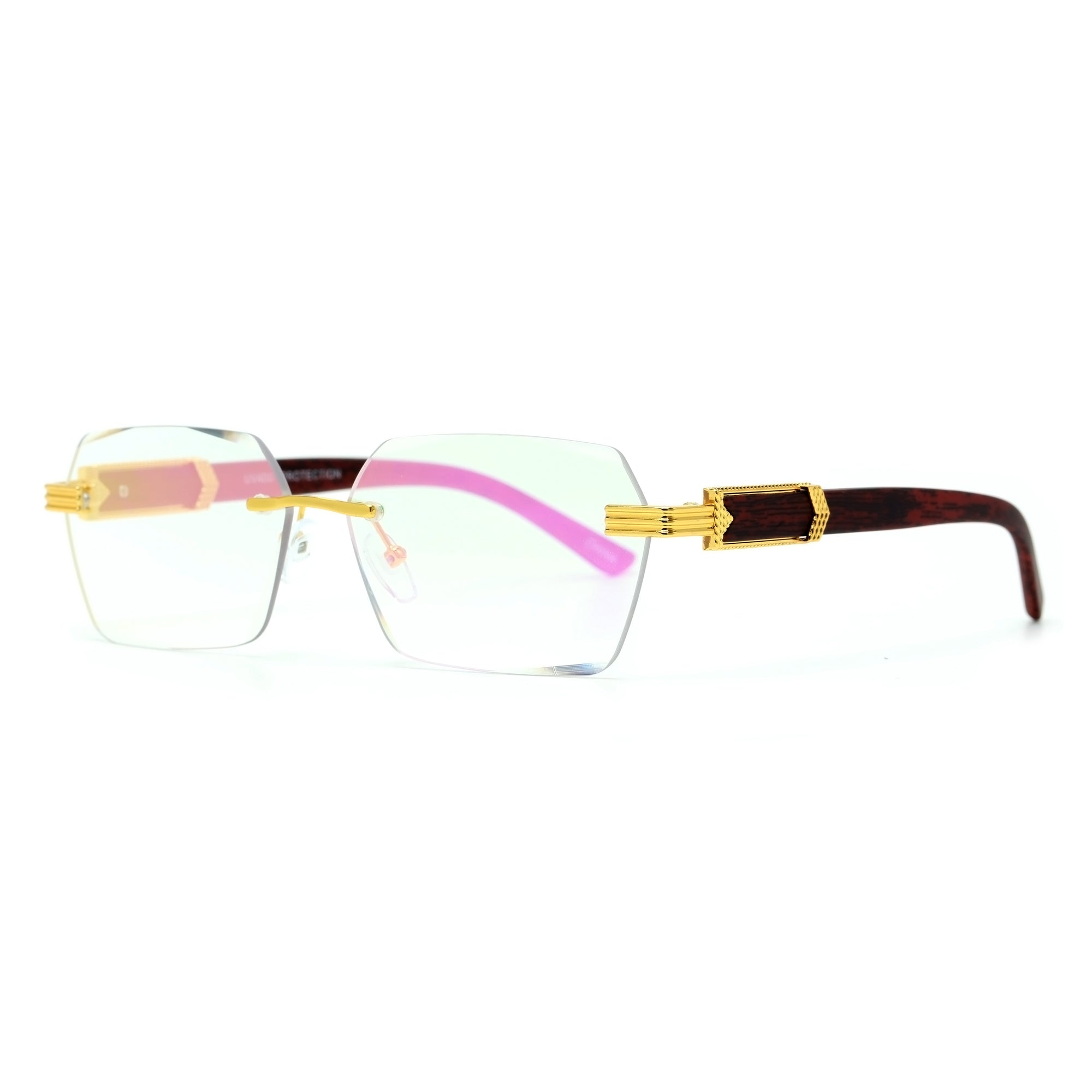 SLIM RIMLESS RECTANGULAR WOOD TEMPLE ACCENT FASHION SUNNIES