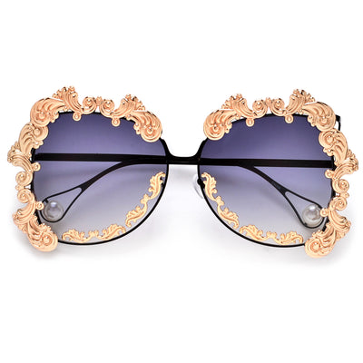 Oversize Elaborate Baroque Design Pearl Tip Temple Sunglasses