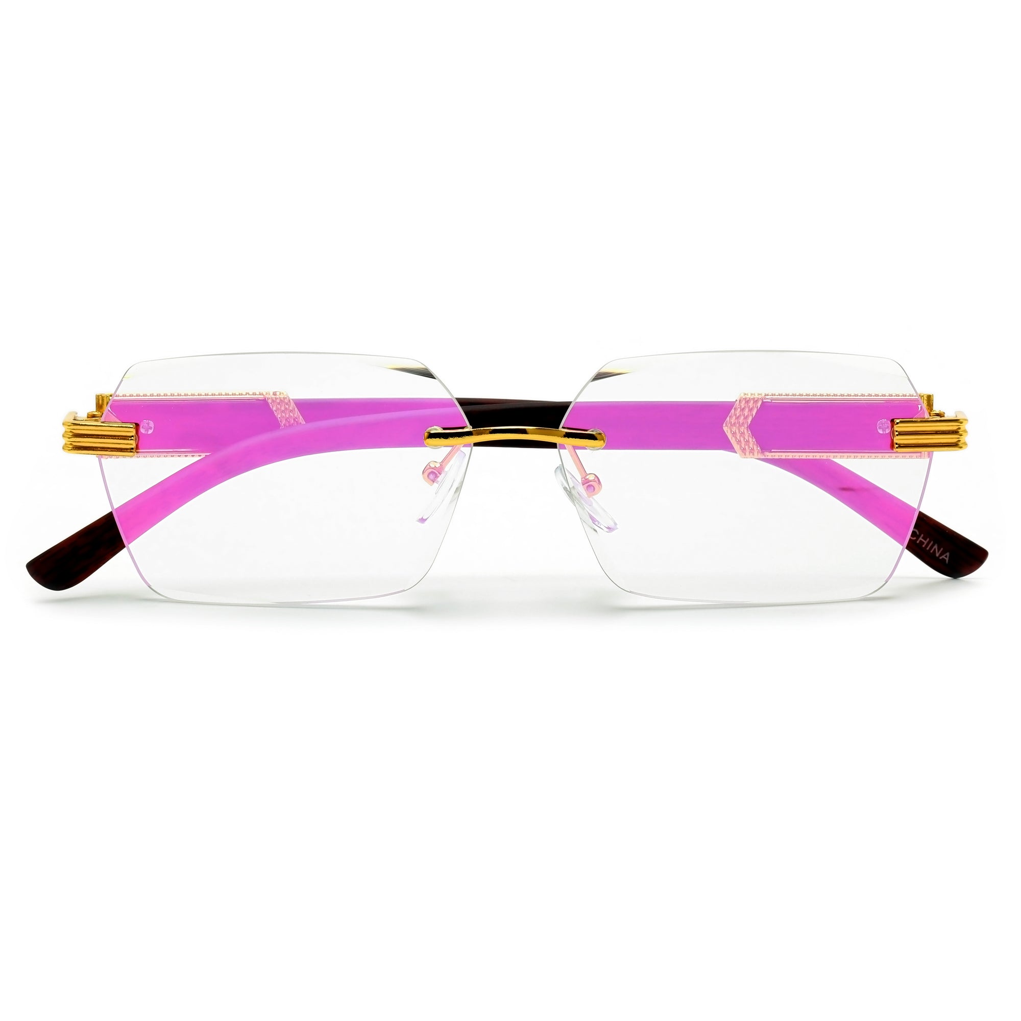 SLIM RIMLESS RECTANGULAR WOOD TEMPLE ACCENT FASHION SUNNIES
