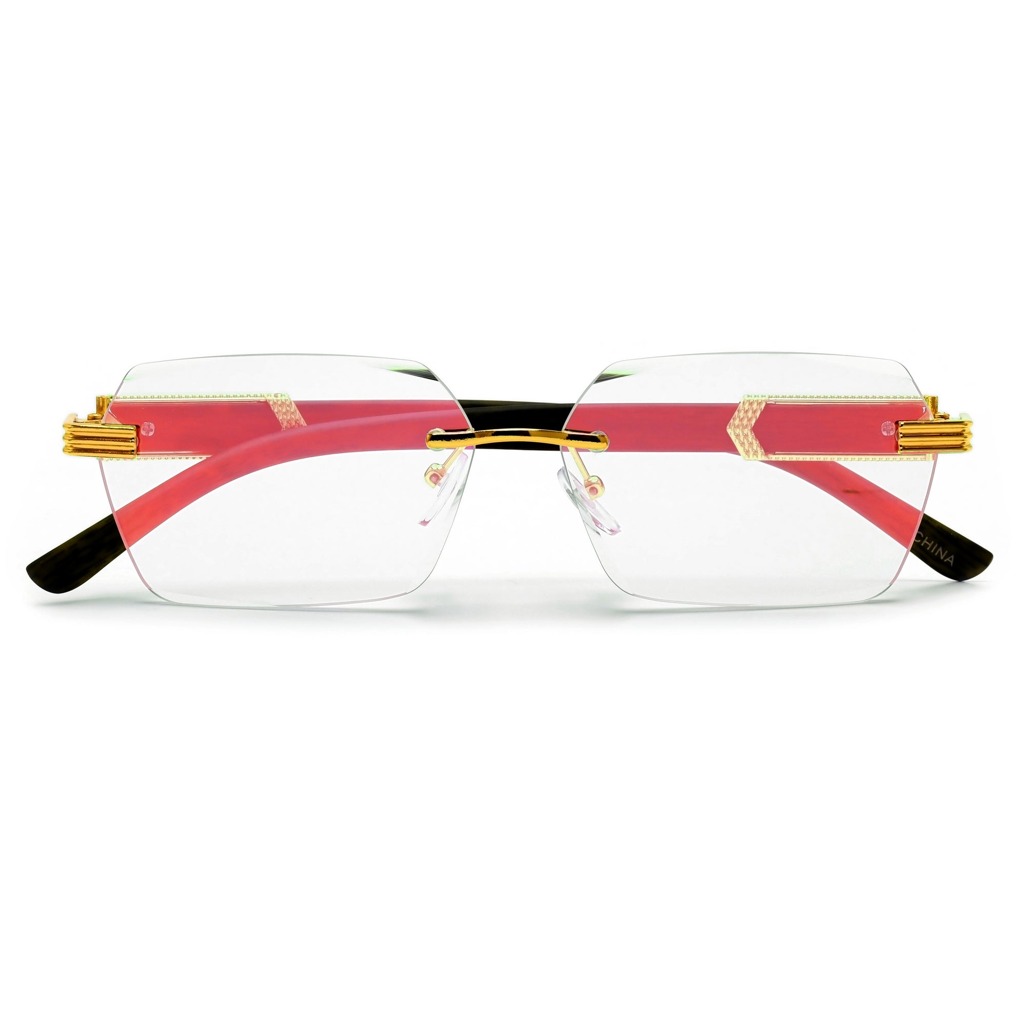 SLIM RIMLESS RECTANGULAR WOOD TEMPLE ACCENT FASHION SUNNIES