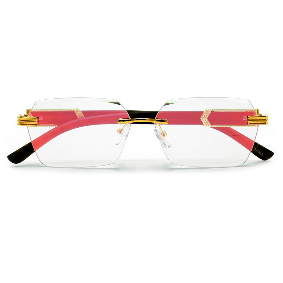 SLIM RIMLESS RECTANGULAR WOOD TEMPLE ACCENT FASHION SUNNIES