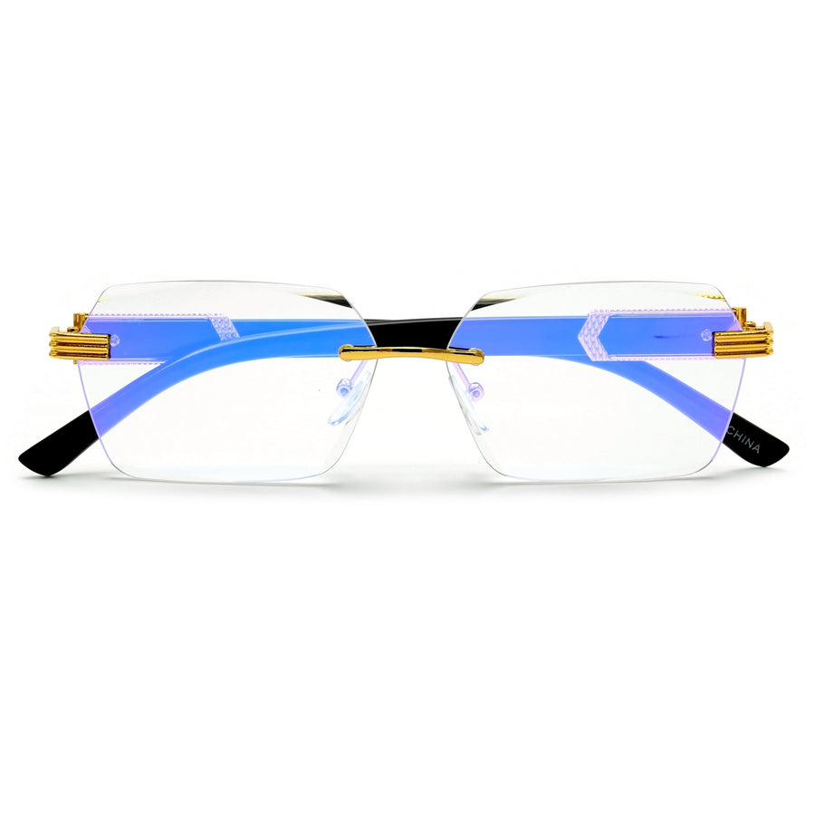 SLIM RIMLESS RECTANGULAR WOOD TEMPLE ACCENT FASHION SUNNIES