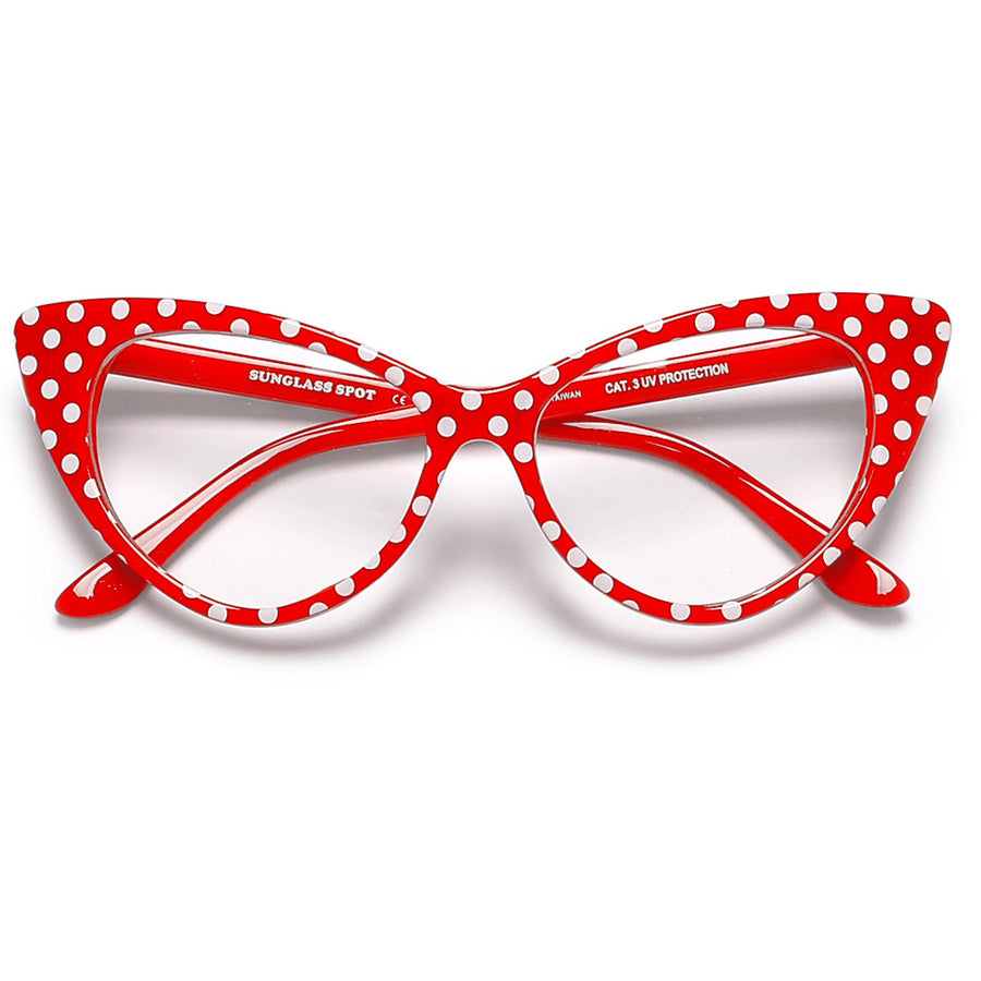50s Inspired Polka Dot Cat Eye Clear Lens Eye Wear Glasses