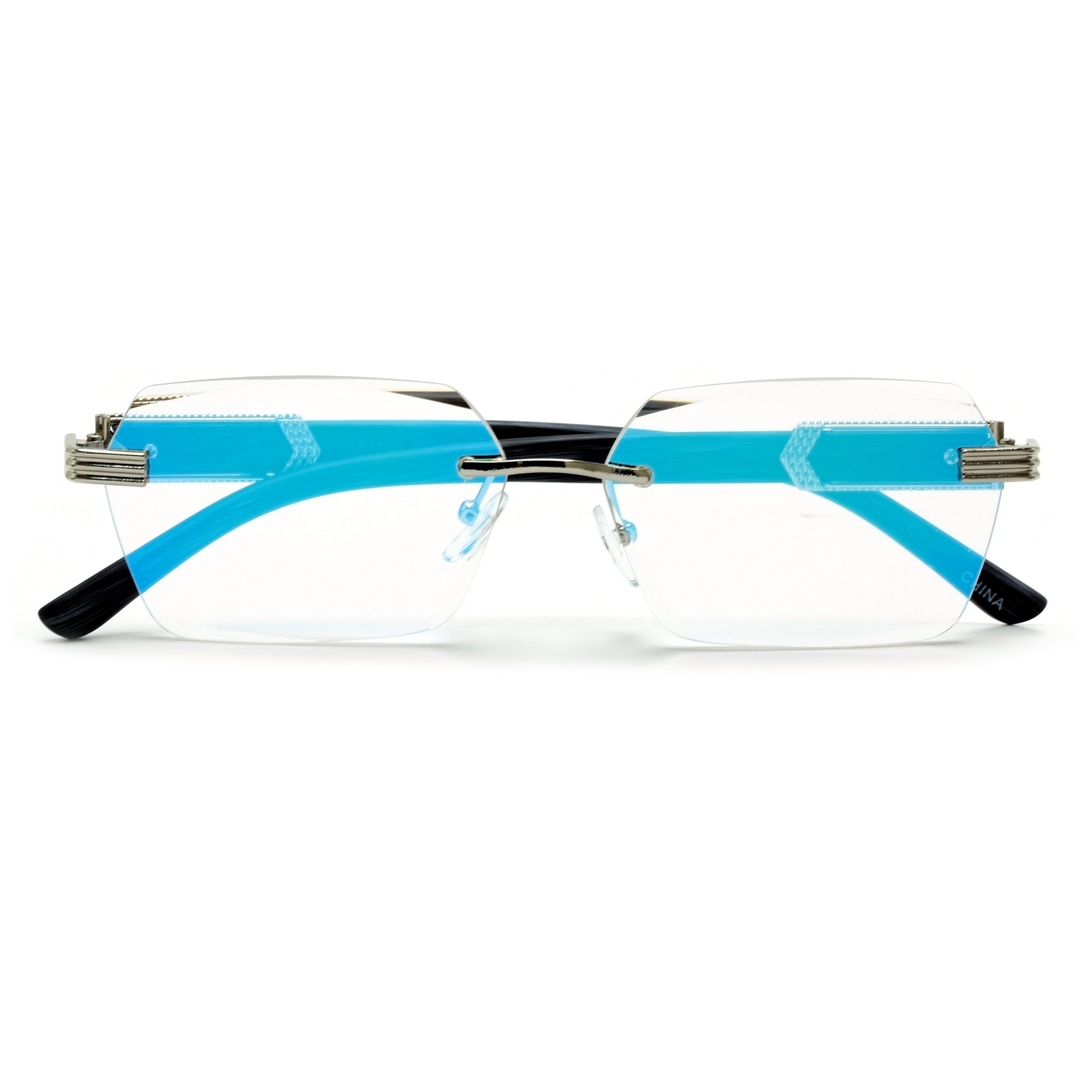 SLIM RIMLESS RECTANGULAR WOOD TEMPLE ACCENT FASHION SUNNIES