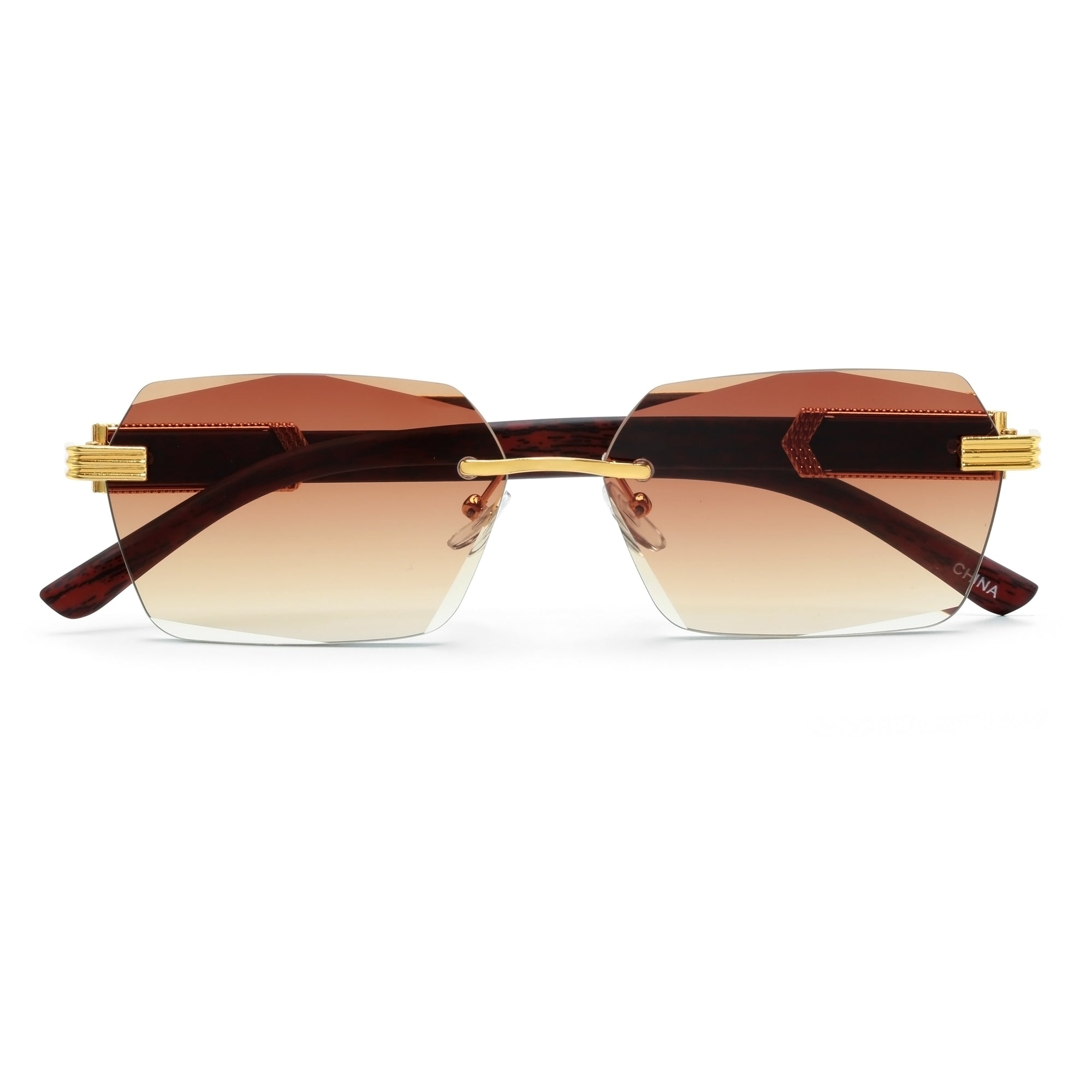 SLIM RIMLESS RECTANGULAR WOOD TEMPLE ACCENT FASHION SUNNIES