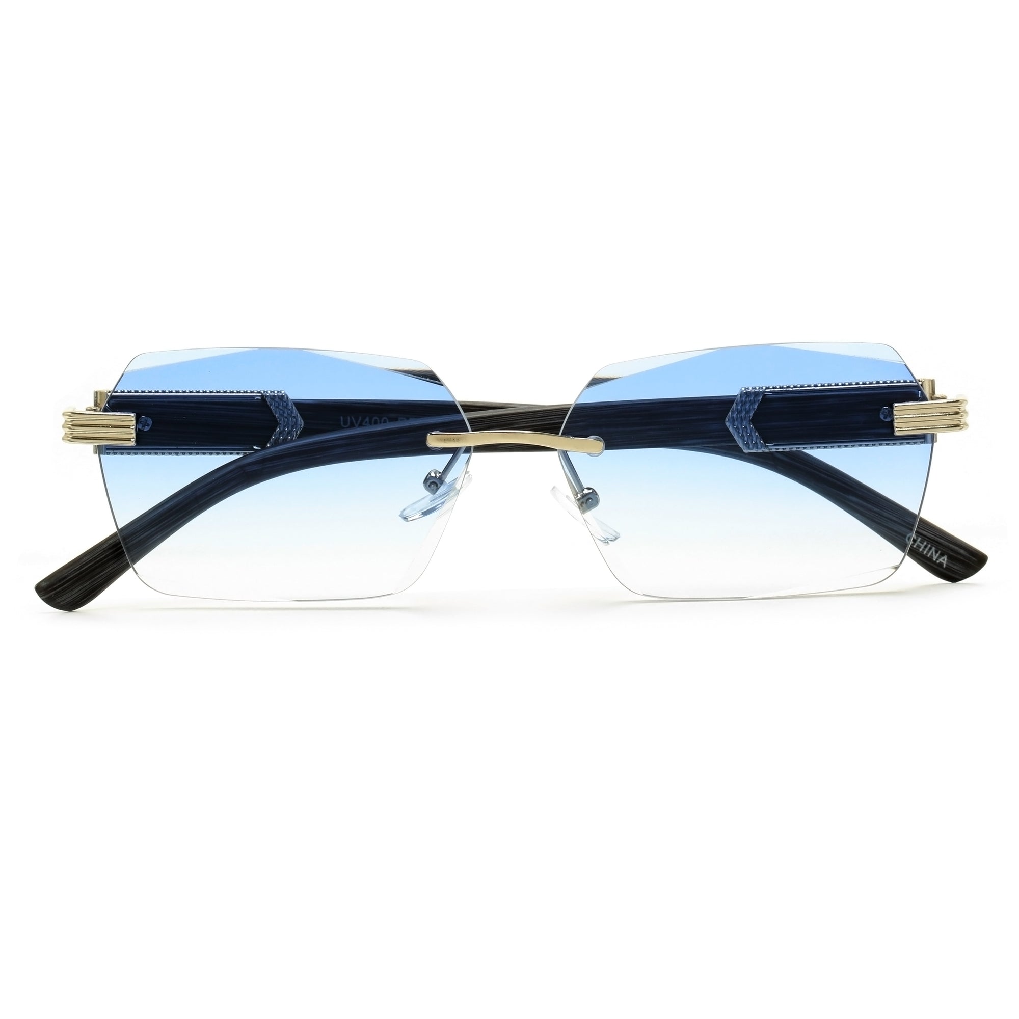 SLIM RIMLESS RECTANGULAR WOOD TEMPLE ACCENT FASHION SUNNIES