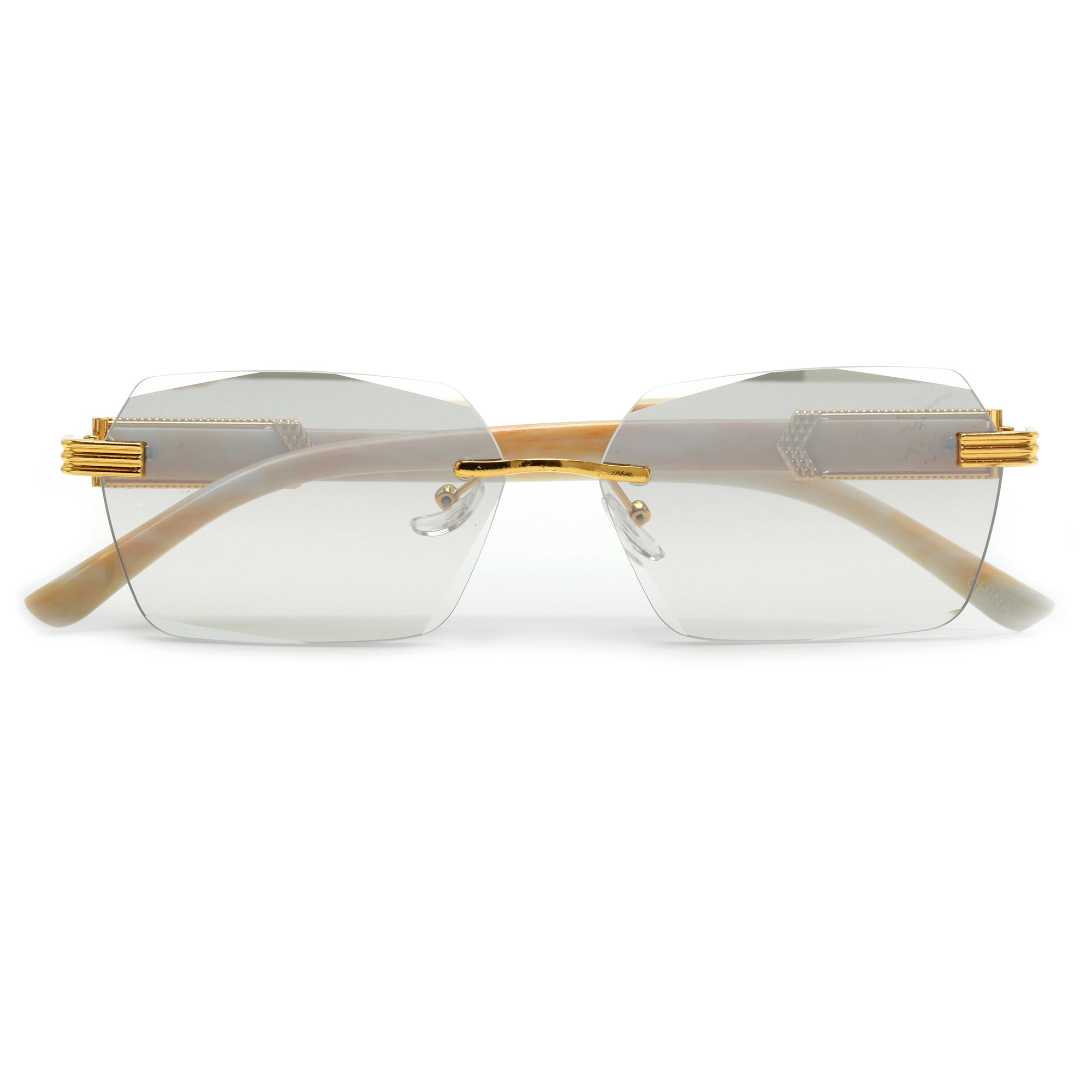SLIM RIMLESS RECTANGULAR WOOD TEMPLE ACCENT FASHION SUNNIES