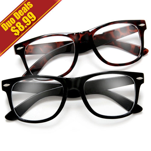 2 Pack Classic Black Horn Rimmed Clear Lens 80s Classic Eyewear - Sunglass Spot