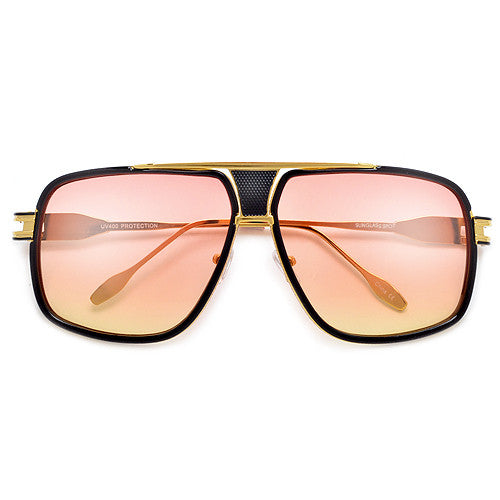 Modernized Gleaming Metal Outline Oversize Squared Off Aviator Sunglasses - Sunglass Spot