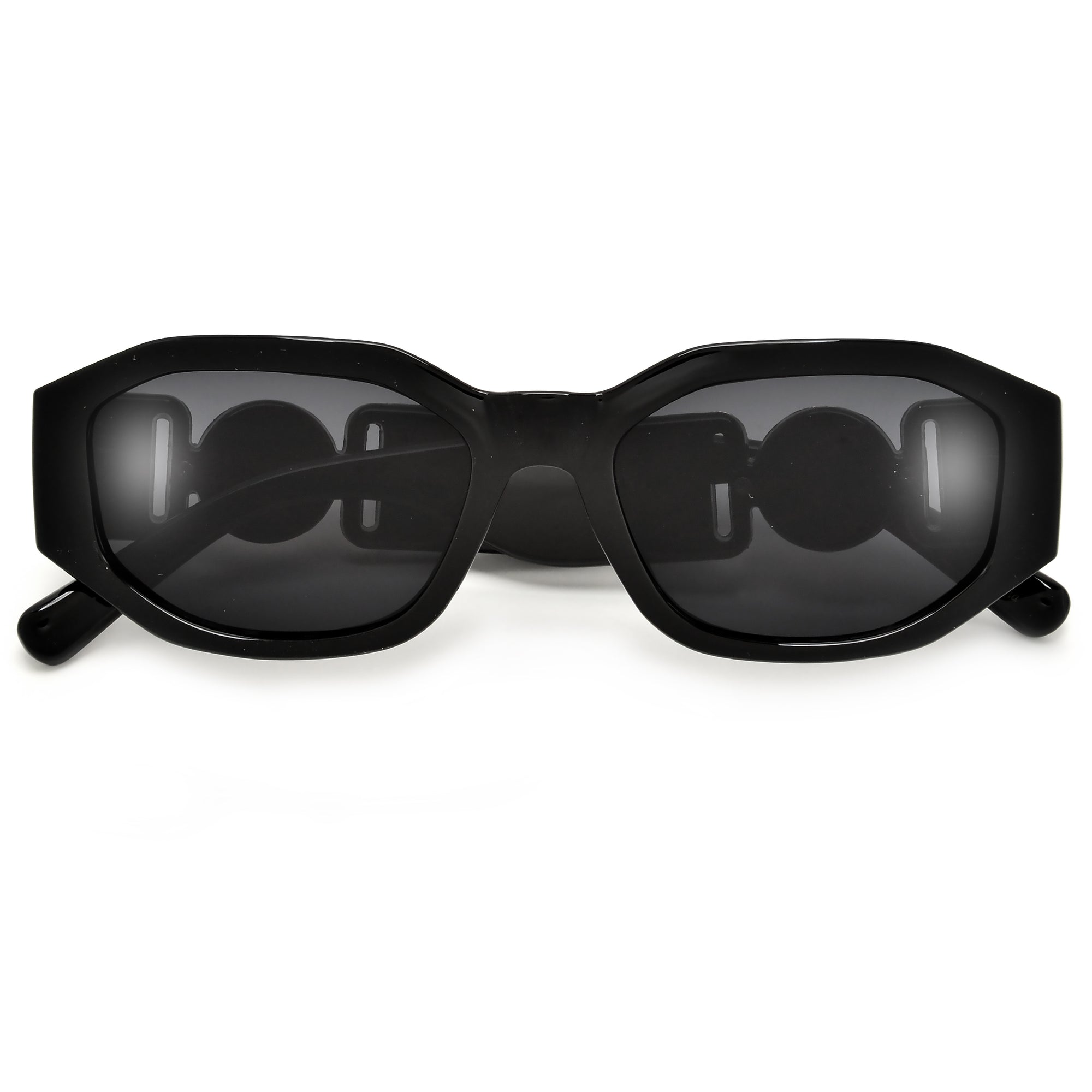 Geometric Medallion Logo Temple Chic Cat Eye Sunglasses