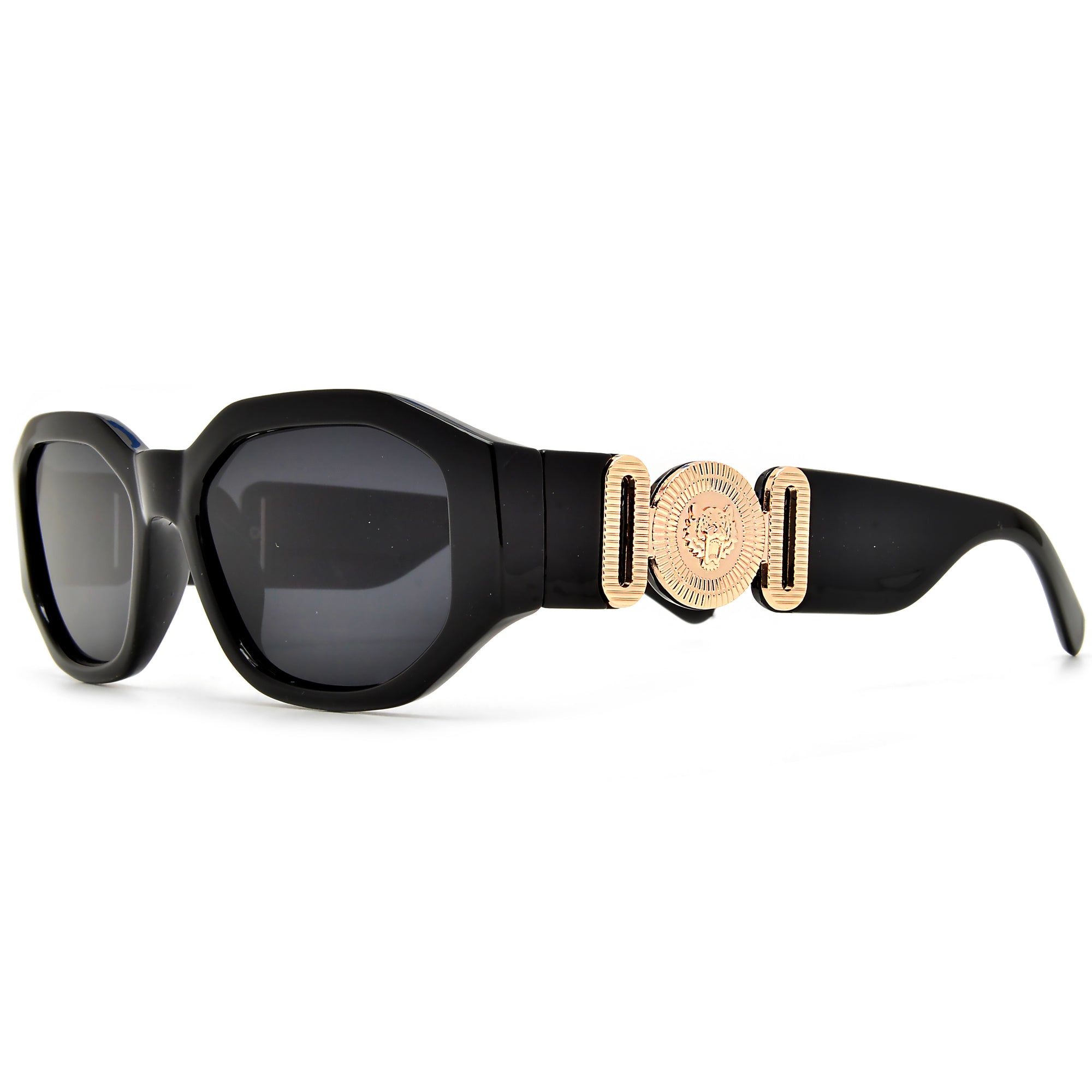 Geometric Medallion Logo Temple Chic Cat Eye Sunglasses