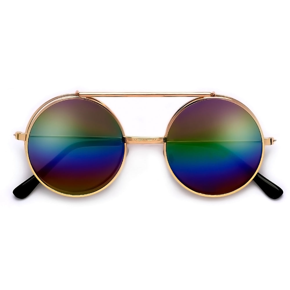 Full Metal Retro Round Colorful Lens Flip Up Sunglasses