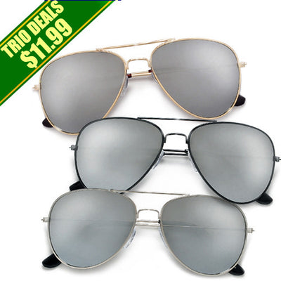 3 Pack Classic Metal Aviator with Reflective Mirrored Lens - Sunglass Spot