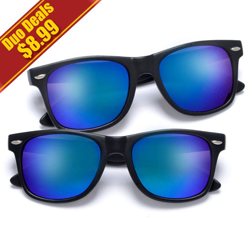 2 Pack Classic Matte Black Horn Rimmed Colorful Purple/Blue Mirrored Lens 80s Style Sunglasses - Sunglass Spot