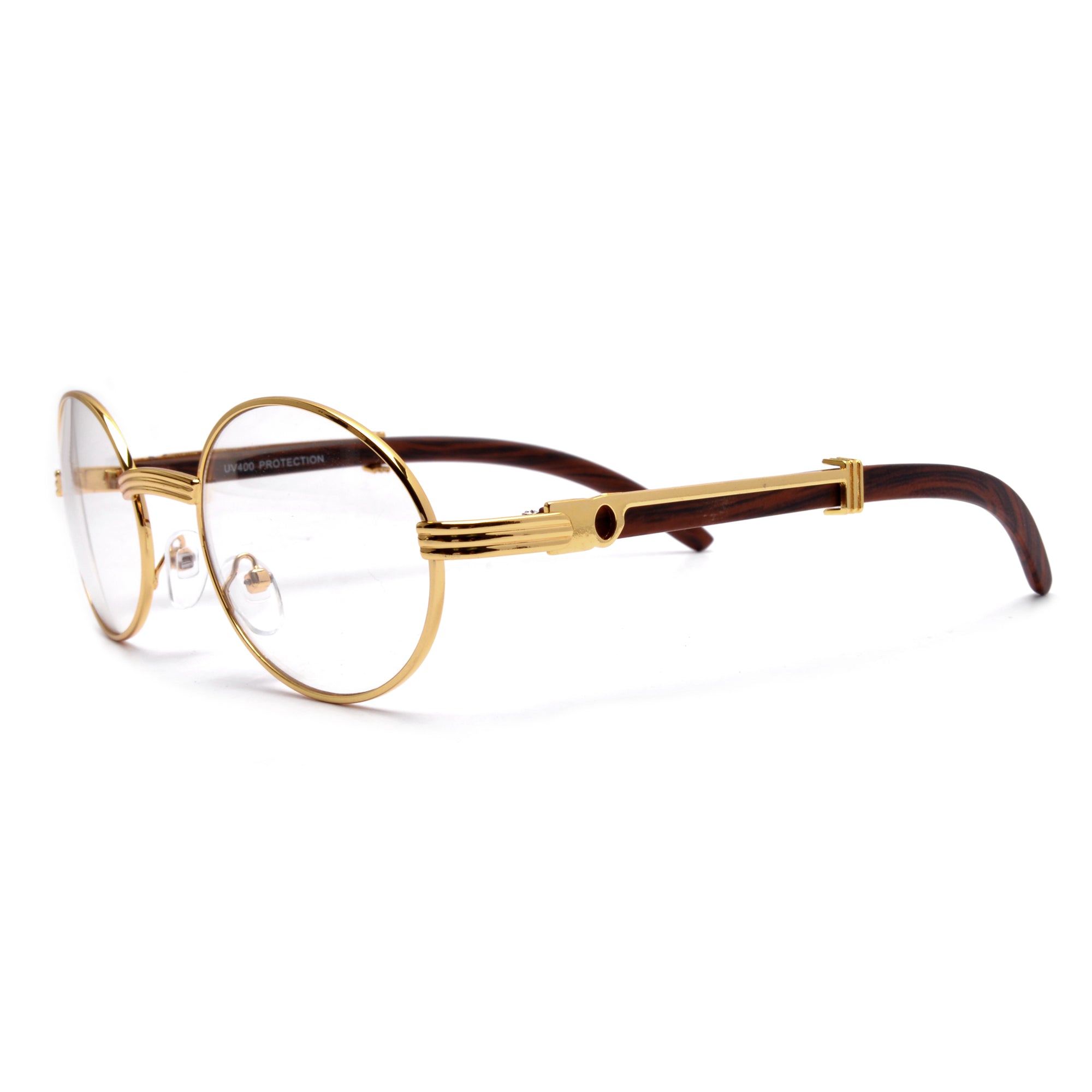 Elaborate Metal Temple Wood Print Round Clear Eyewear - Sunglass Spot